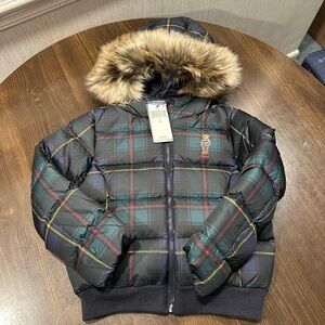 Plaid Puffer Jacket with Fur Hood